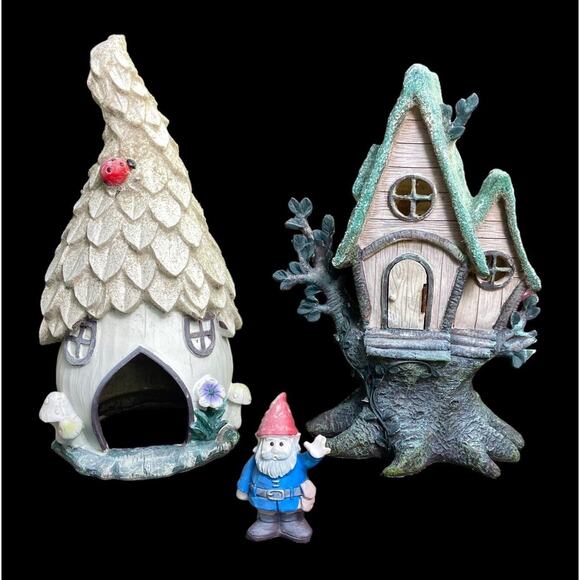 Set of 3 Garden 3” Hello Gnome 11” & 10” Tree Houses Colorful Figurines - Picture 1 of 9